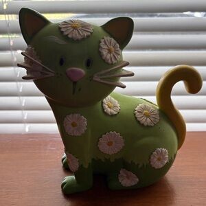 Green Cat Coin Bank with Floral Design
